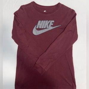 Kids’ Youth Size Large Chenille Nike Swoosh Burgundy Long-sleeve T-Shirt